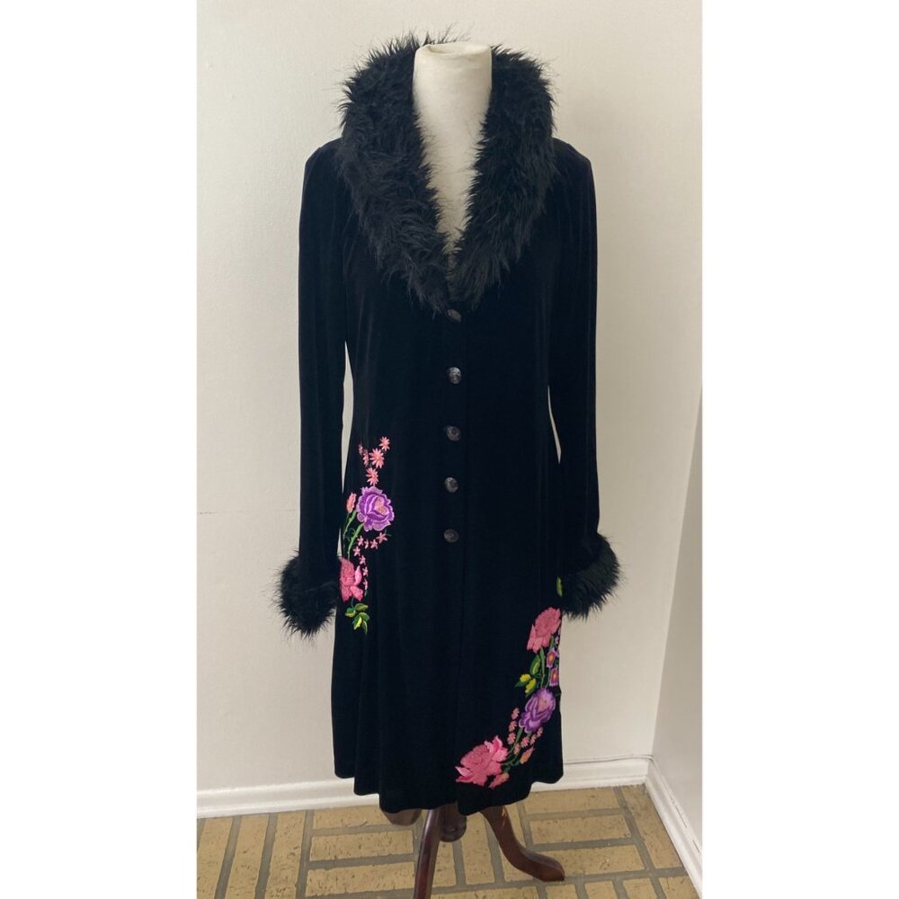 Vintage Betsey Johnson Velvet Floral Faux Fur Duster Jacket - Picture 2 of 13